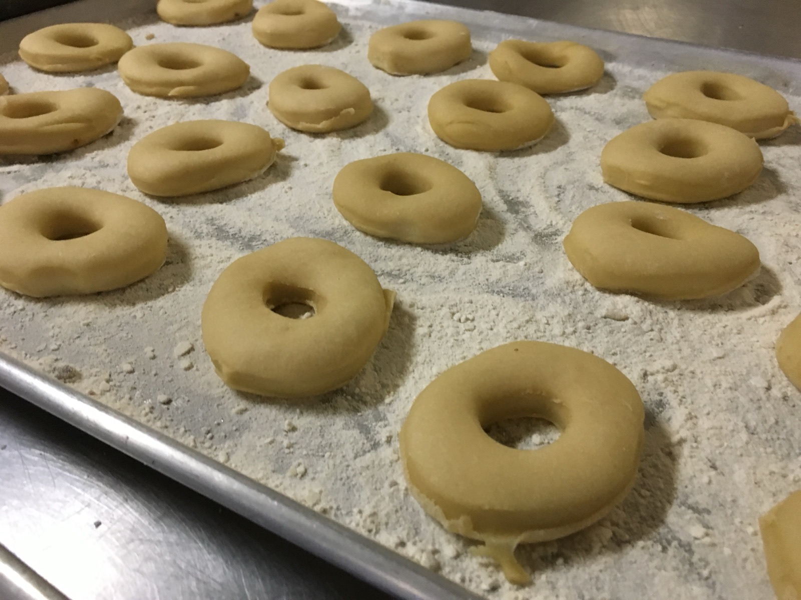 Rings of donut dough on a floured tray in the bakery kitchen